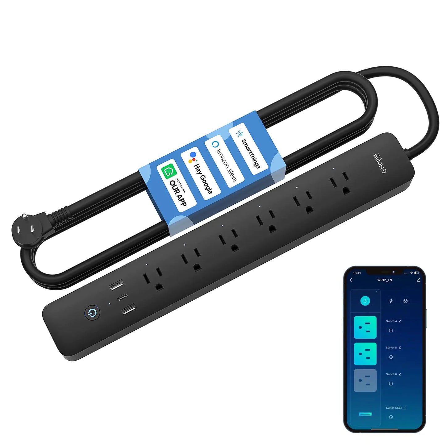 GHome Smart Power Strip Smart Plugs 3 USB (2A1C 30W) and 6 Individually Controlled Outlets WiFi Surge Protector Compatible with Alexa Google 7.18 ft Mountable Flat Plug with Overload Protection